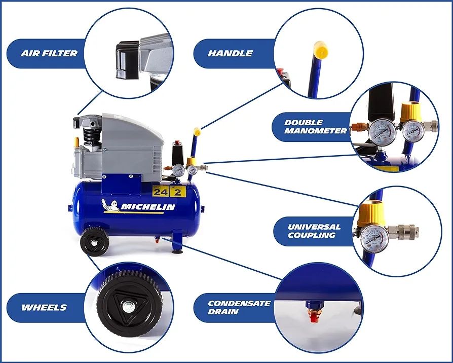 Olejový, mobilní, vzduchový kompresor, 8 barů, 24 l, 1,6 kW, 170 l./min., 230 V, MICHELIN MB 2420